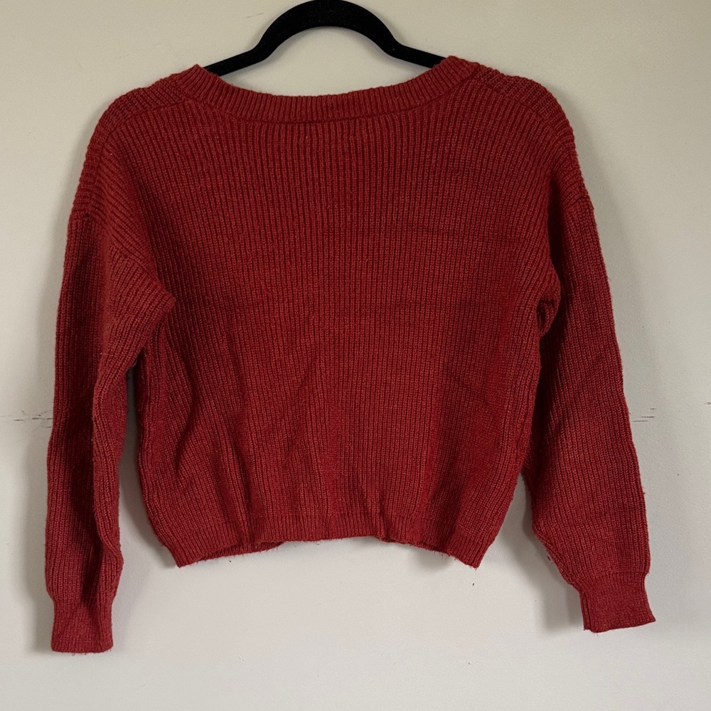 Rust V-Neck Cropped Textured Sweater Puff Sleeve Cozy Soft Knit Small - Picture 3 of 3